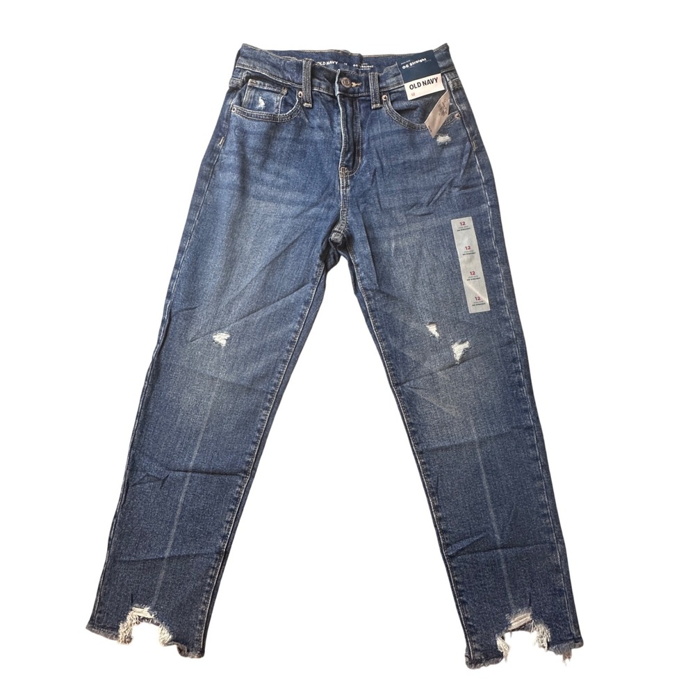 Old Navy Jeans Womens 12 Blue OG Straight High Rise Distressed Chewed Hem Denim